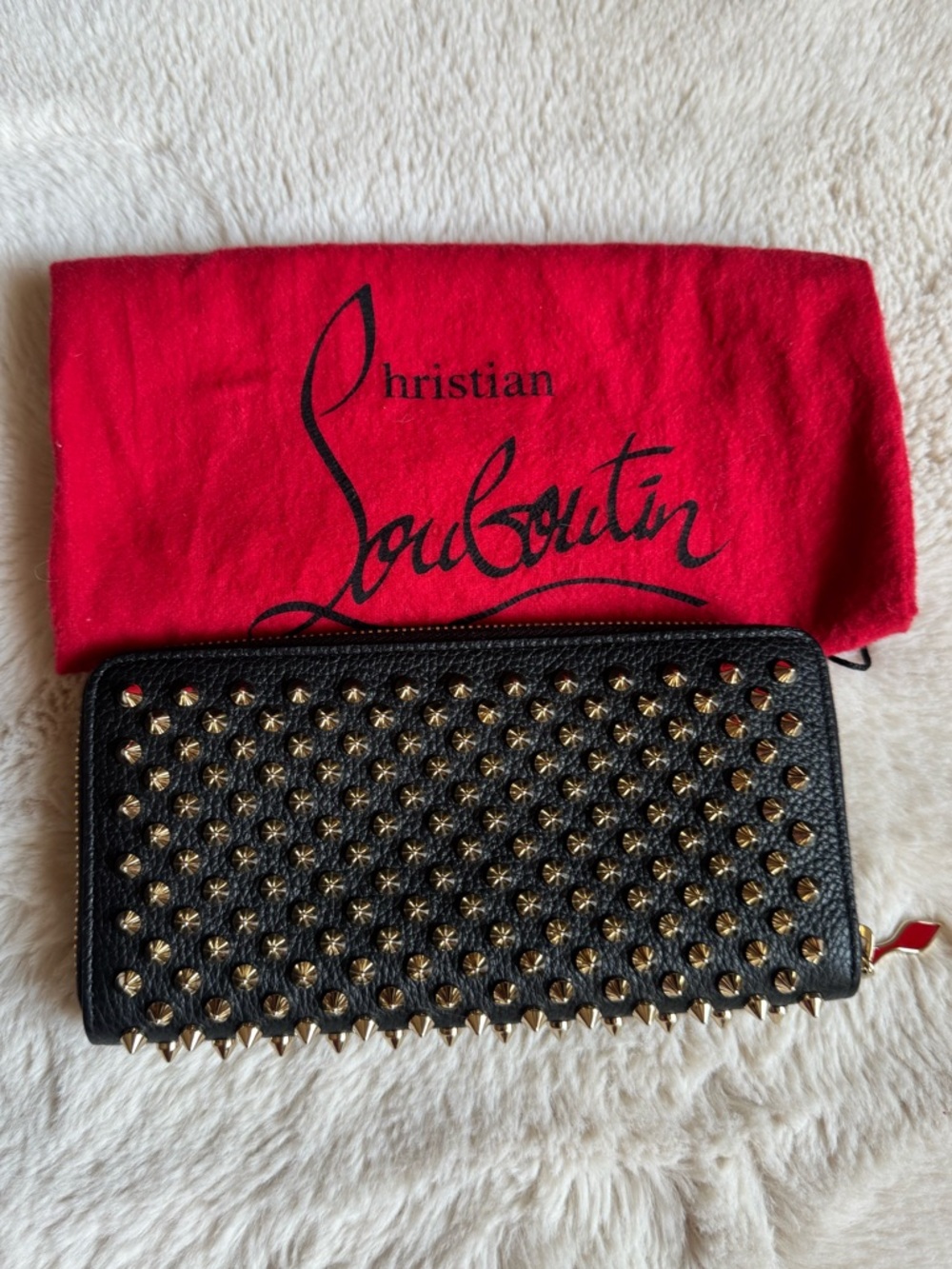Christian Louboutin Black Leather Studded Panetton Wallet with Gold Spikes